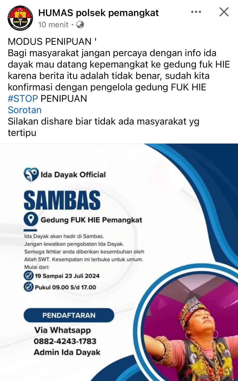 Viral di Medsos Ida Dayak Hadir di Gedung Fuk Hie Pemangkat, Kapolsek Ucap Modus Penipuan Pernyataan Humas Polsek Pemangkat Terhadap Penipuan Ida Dayak